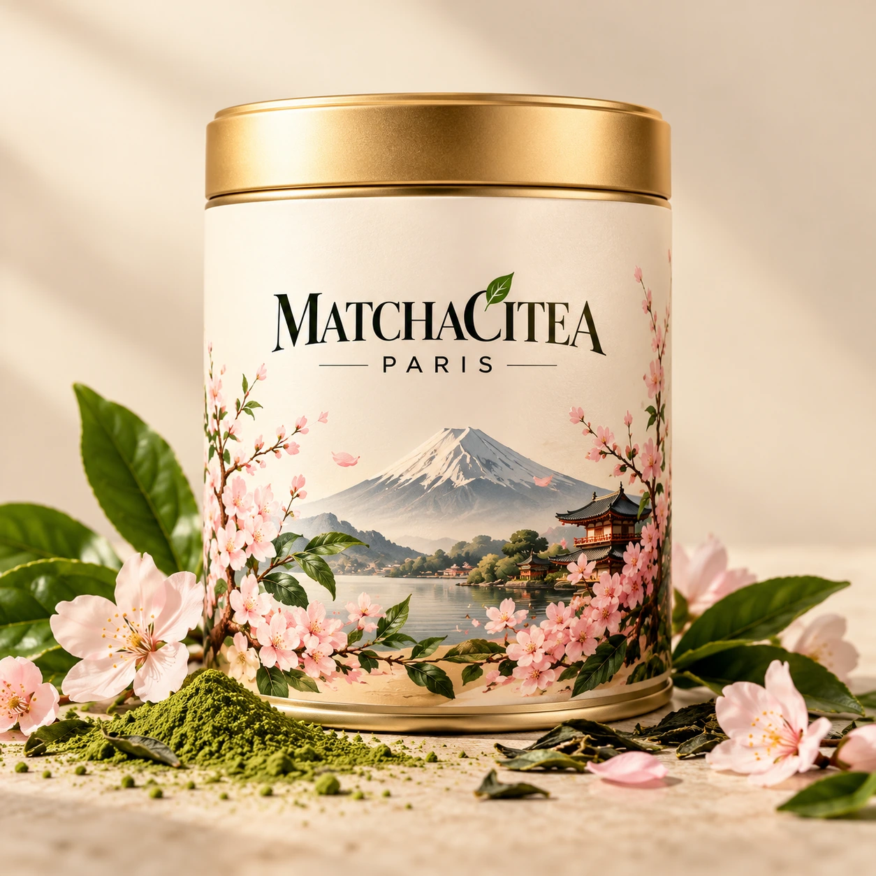 Ivory Matchacitea Paris matcha tin with gold lid