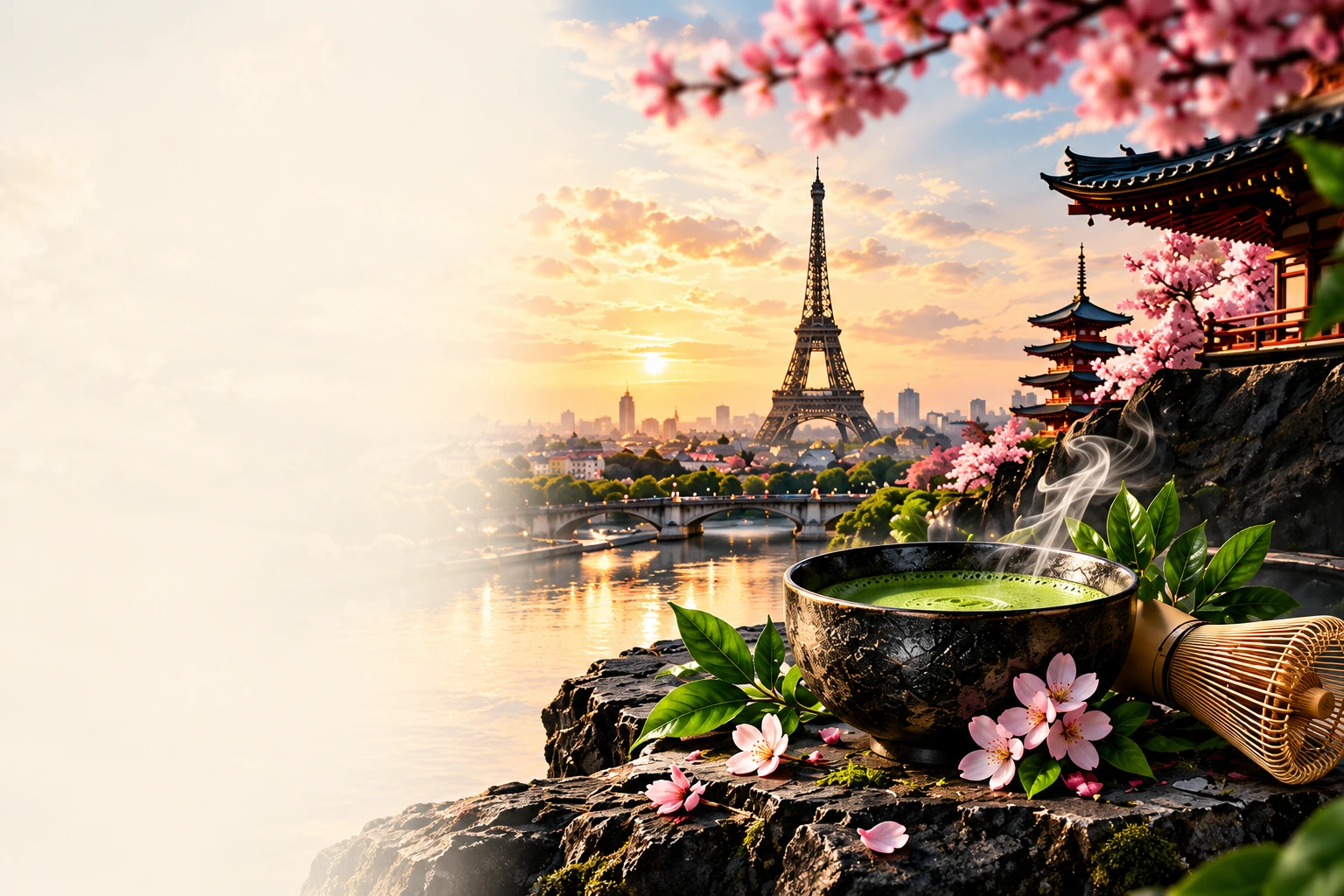 A steaming matcha bowl, cherry blossoms, Paris and Japanese architecture at sunset