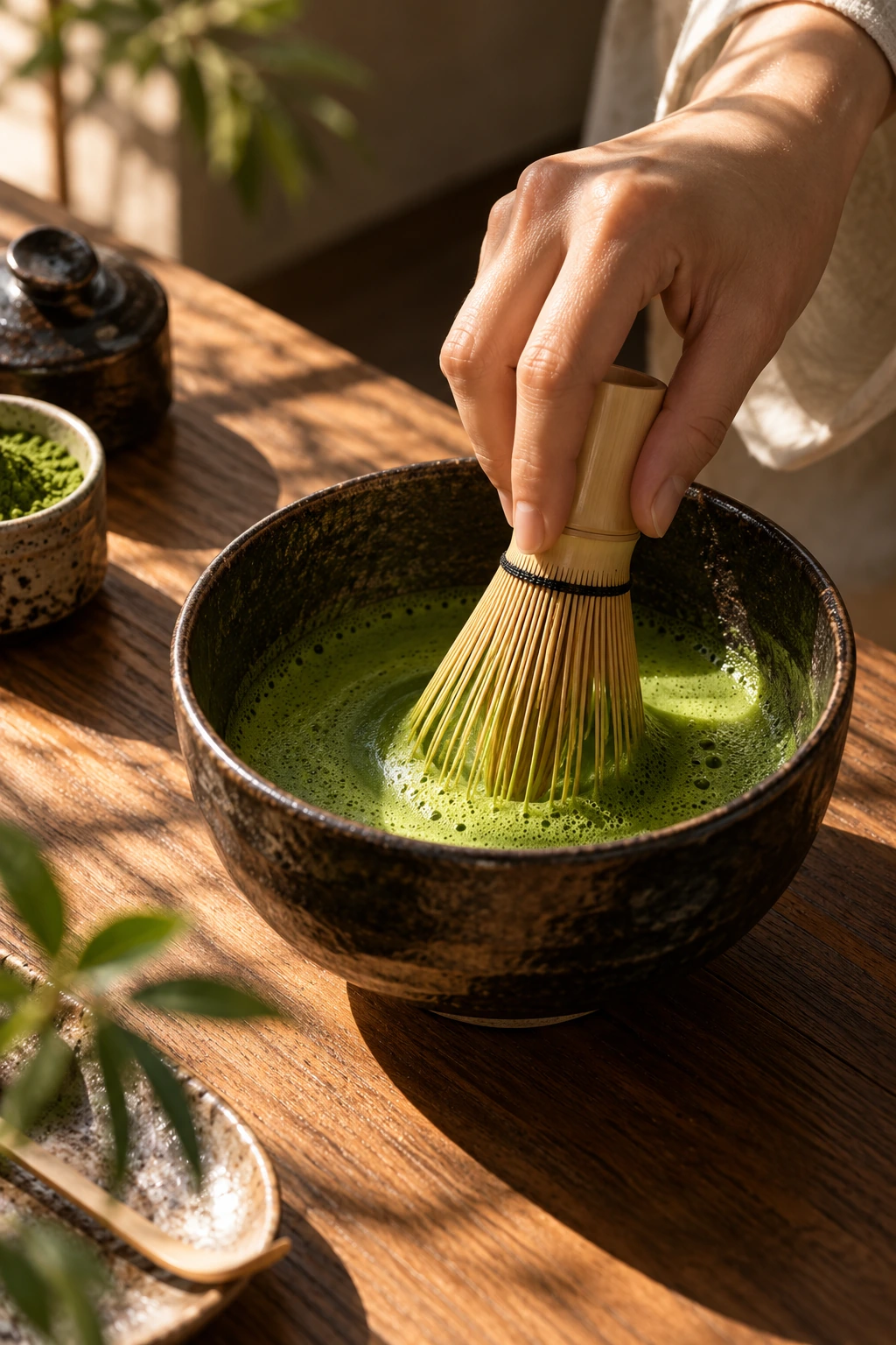 A bamboo whisk making matcha